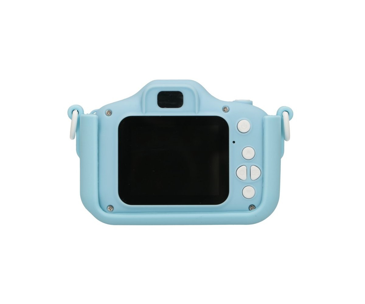 Il retro di una fotocamera digitale azzurra con schermo scuro e pulsanti.
