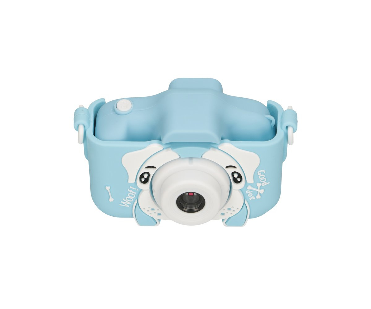 Una fotocamera digitale blu per bambini con faccia da cane e cinghia.