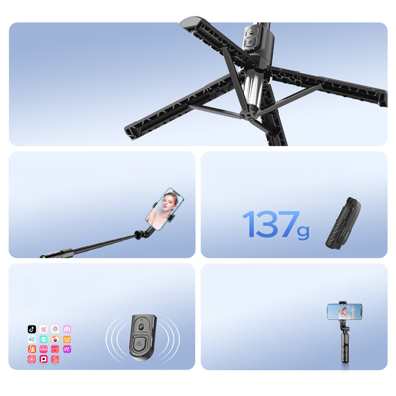 Czarny kijek do selfie ze statywem i pilotem, pokazujący wagę 137g.