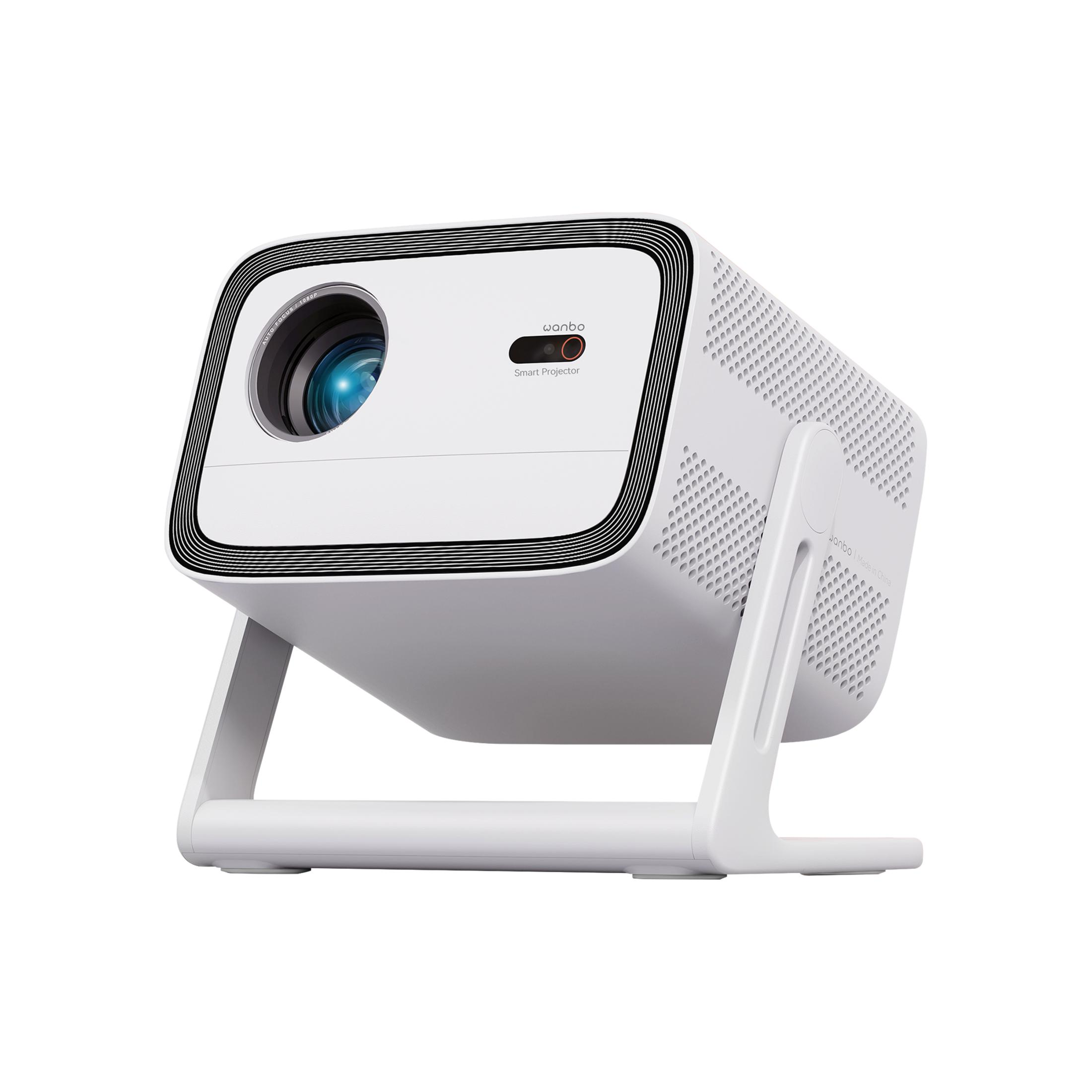 Un proiettore smart bianco con lente frontale e supporto.