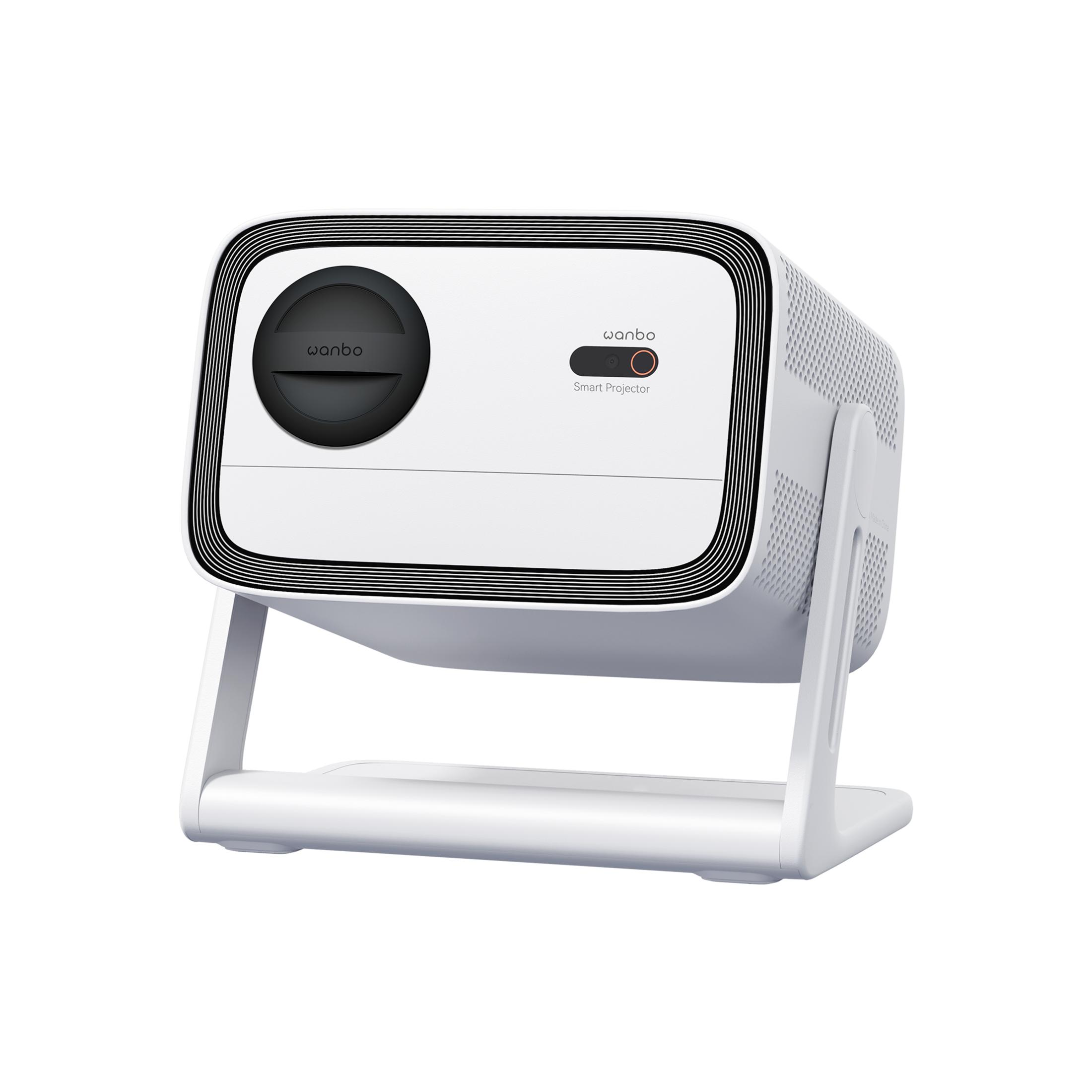 Un proiettore smart Wanbo bianco con obiettivo nero e pulsante rosso.