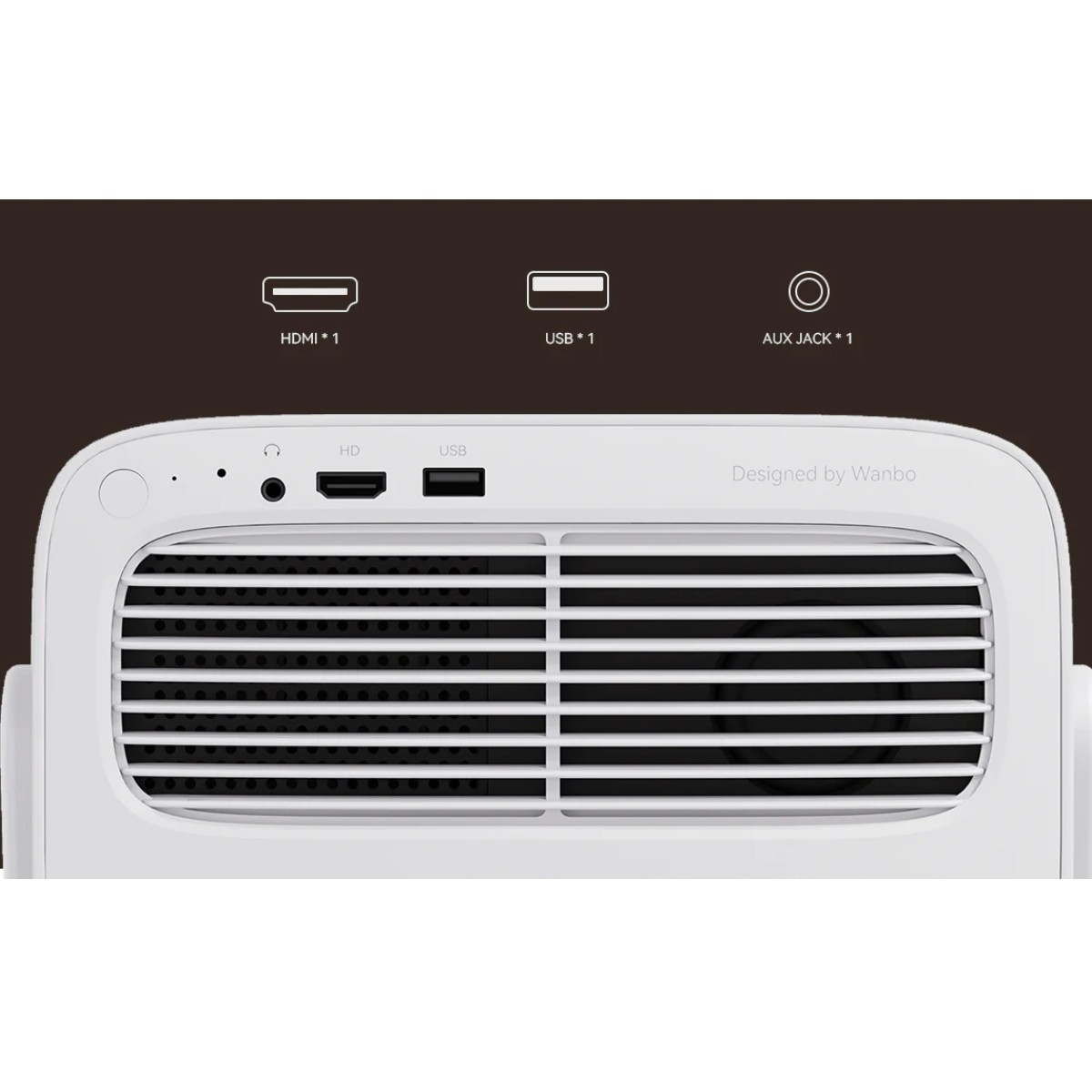Proiettore bianco con porte HDMI, USB, AUX e prese d'aria. Progettato da Wanbo.