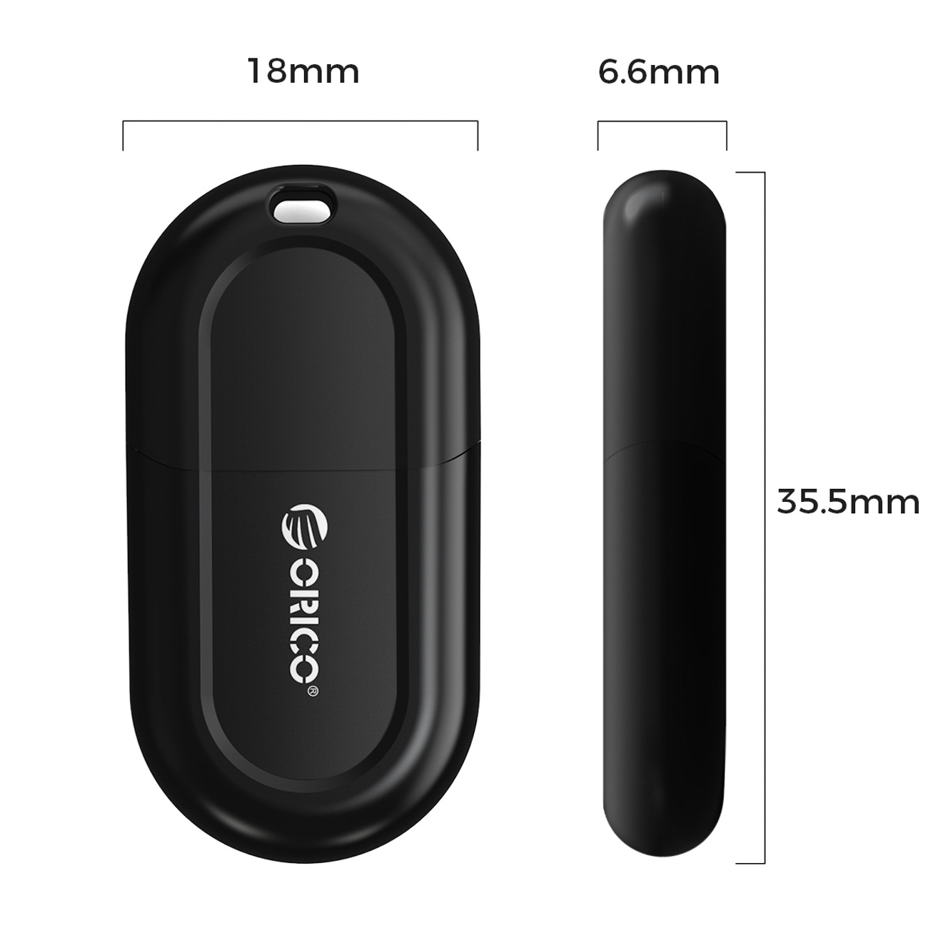 Dwa czarne owalne pendrive'y z wymiarami. Lewy 18mm szerokości, prawy 6.6mm szerokości i 35.5mm wysokości.
