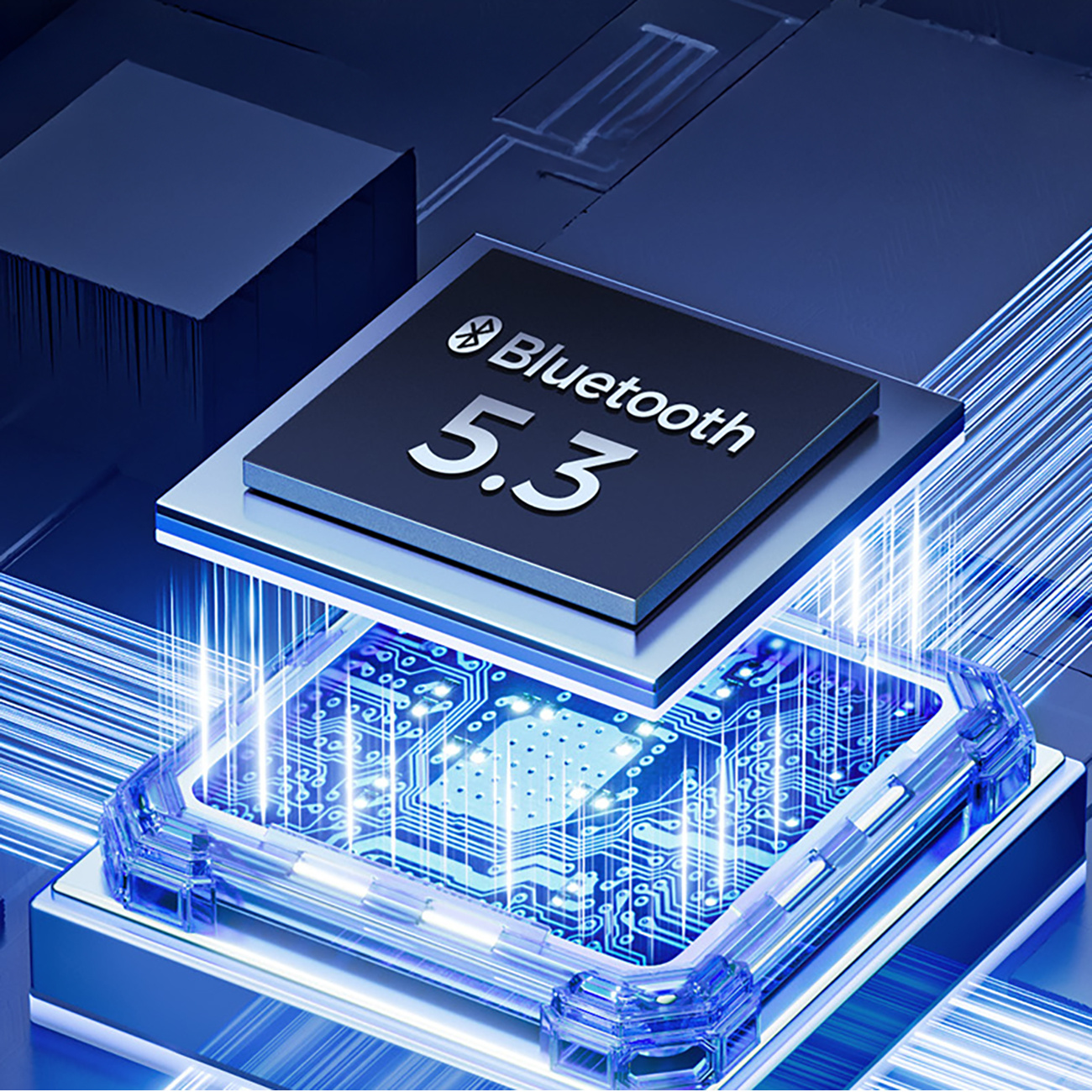 Układ Bluetooth 5.3 na płytce drukowanej z niebieskimi promieniami światła.