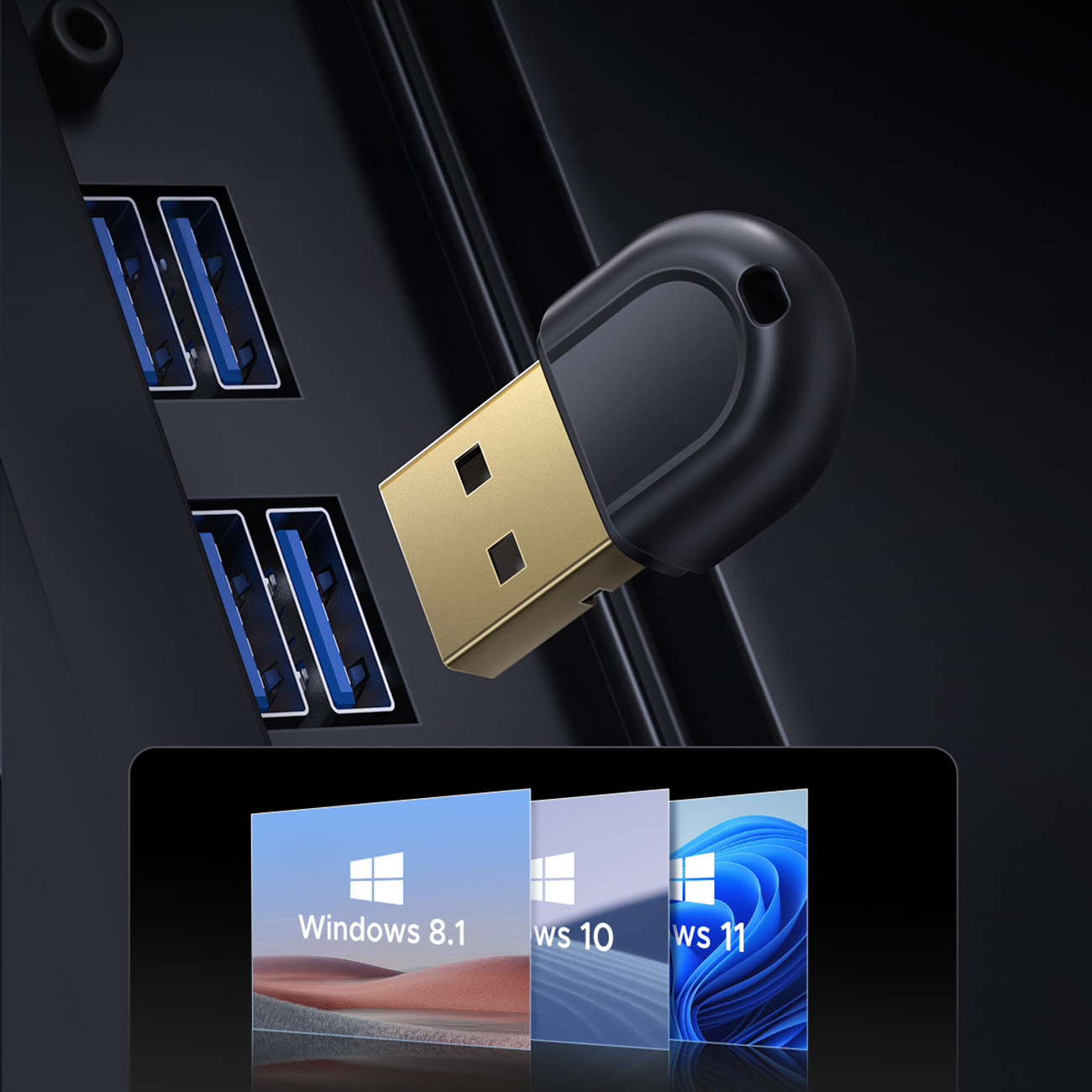 Złoty konektor USB podłączony do czarnego huba USB, pokazujący ikony Windows 8.1, 10 i 11.
