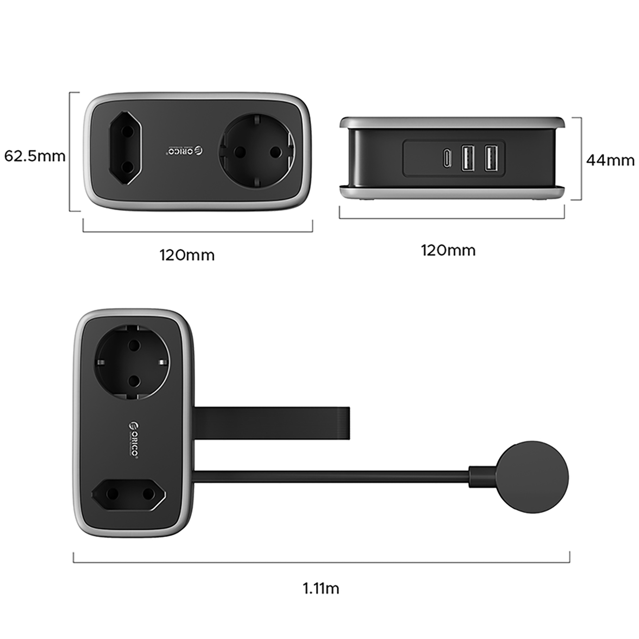 Czarny adapter wielogniazdowy z 2 gniazdami, 3 portami USB i wymiarami.