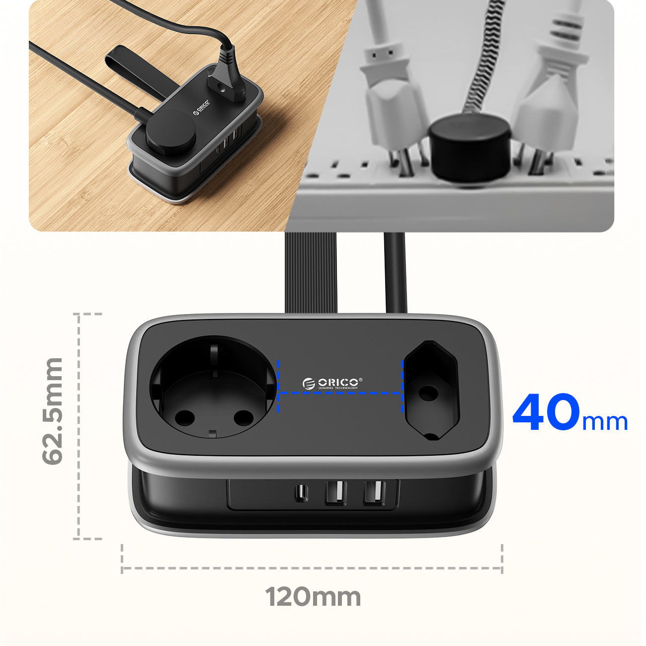 Czarna listwa zasilająca z portami USB i gniazdami, z wymiarami.