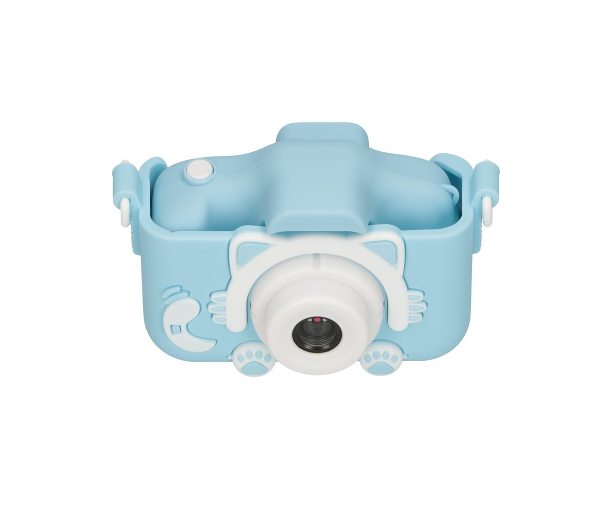 Una macchina fotografica per bambini azzurra a forma di gatto con accenti bianchi.