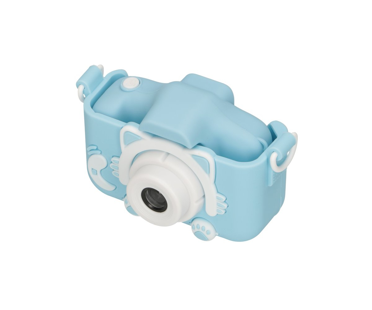Una fotocamera digitale blu a forma di animale con accenti bianchi e un obiettivo.