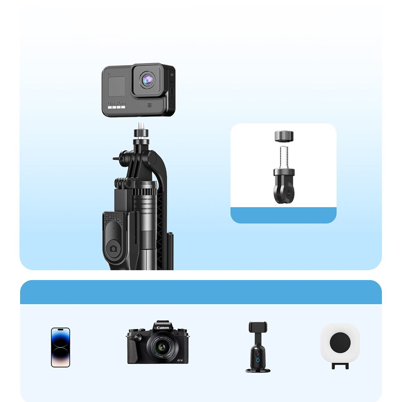 GoPro, gimbal, smartfon, aparat i lampa na niebieskim tle.