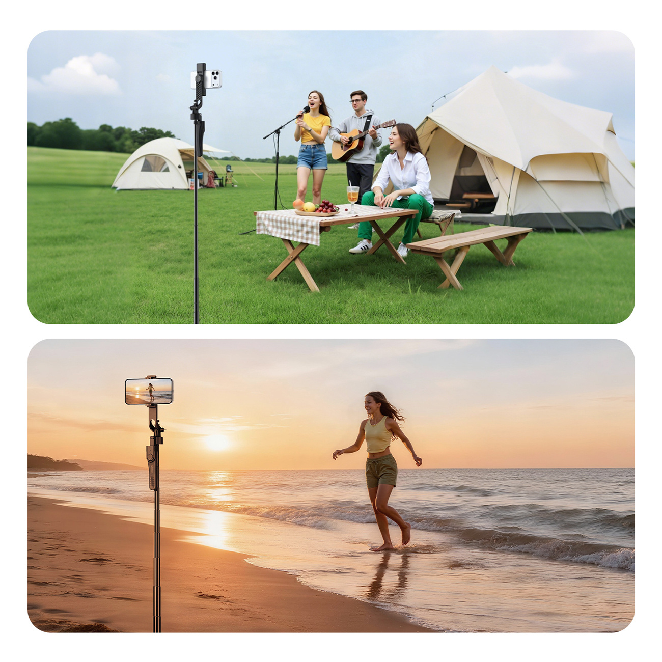 Przyjaciele biwakują i grają muzykę, kobieta biegnie po plaży o zachodzie słońca.
