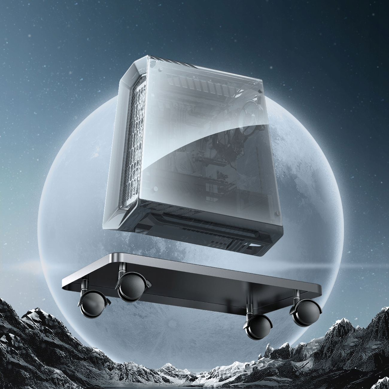 Ein transparenter Computergehäuse schwebt über einer rollbaren Plattform vor Mond und Sternenhimmel.