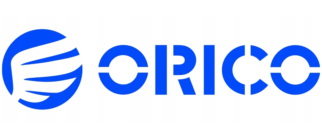 Blaues ORICO-Logo auf weißem Hintergrund mit einem Kreis und Linien daneben.