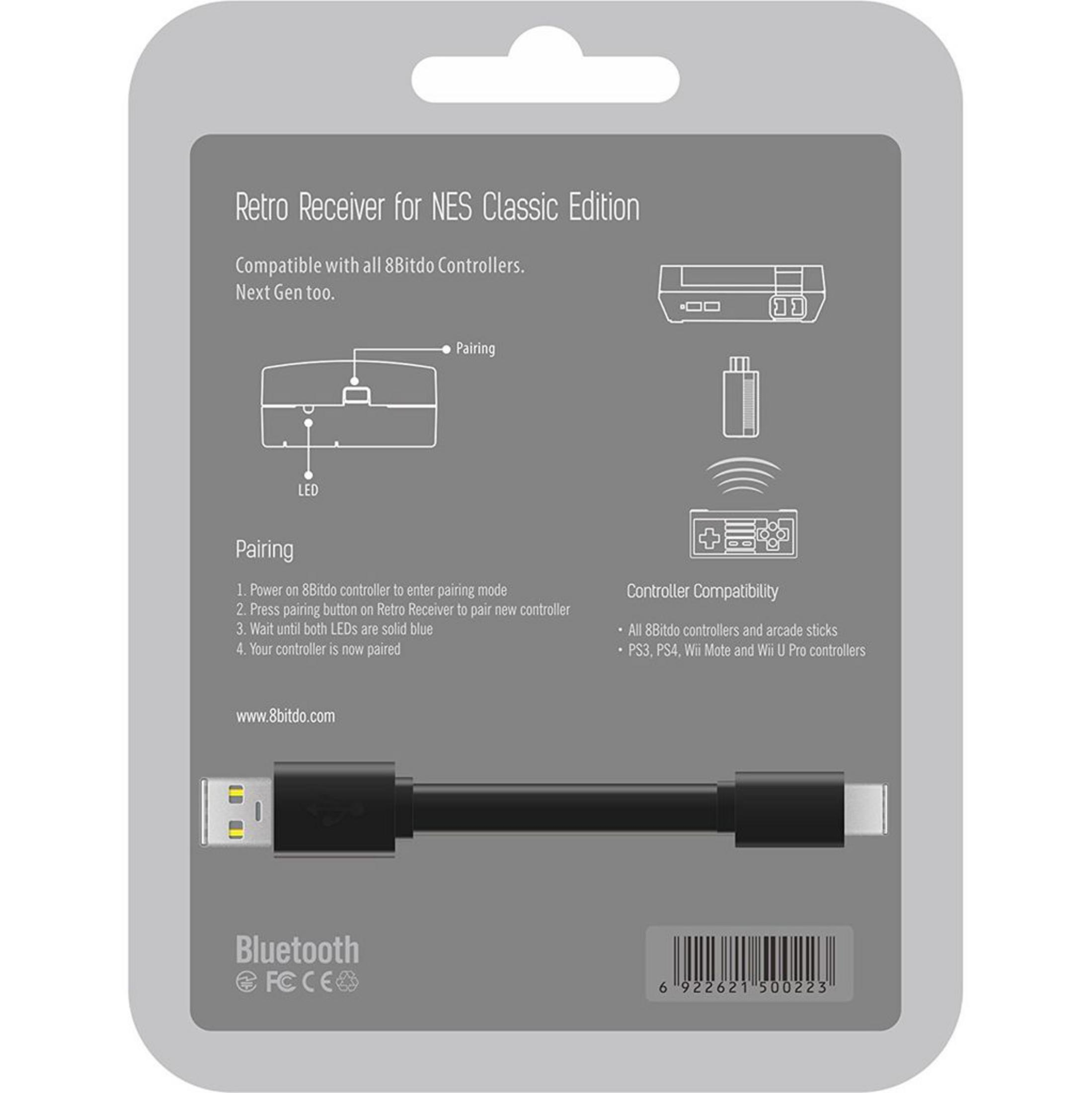 Odbiornik Retro do NES Classic Edition z portem USB i instrukcją parowania.