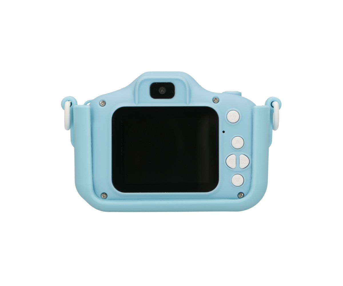 Un modello di fotocamera per bambini azzurro con schermo nero e pulsanti di controllo.