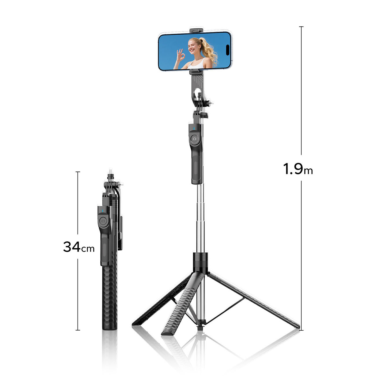 Wysuwany kijek do selfie ze statywem, 1,9m rozłożony, 34cm złożony.