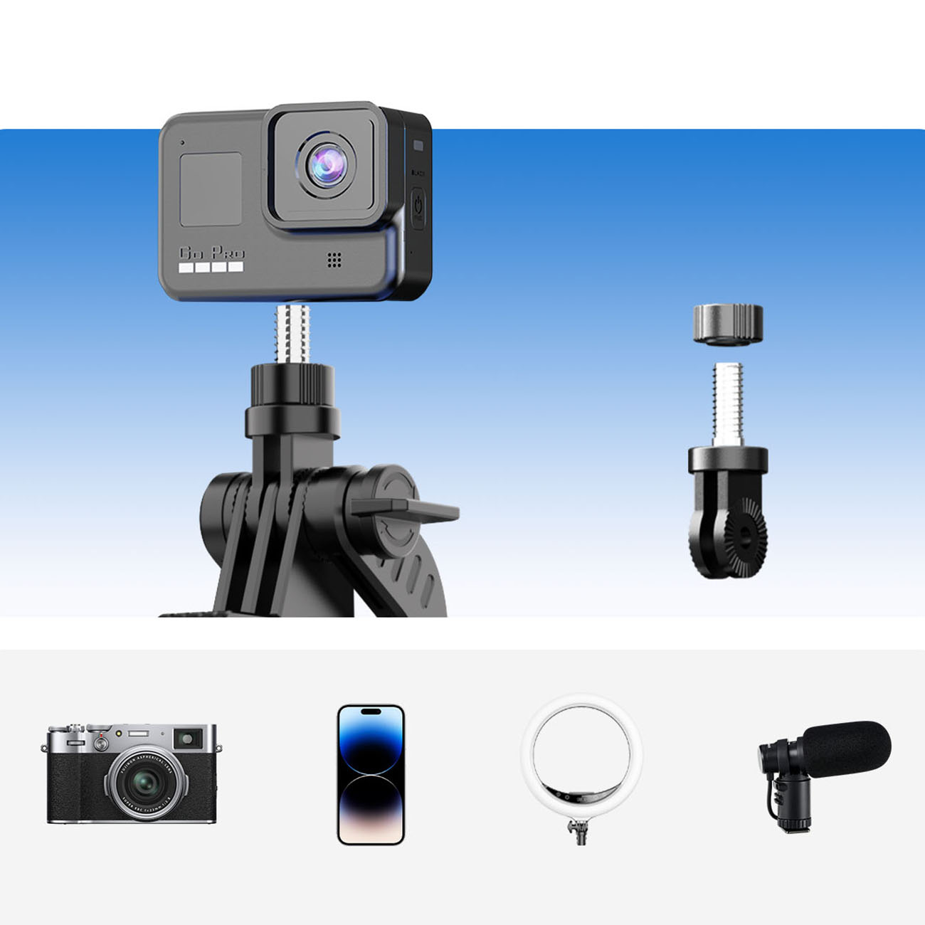 Kamera GoPro z mocowaniem, obok adaptera śrubowego, poniżej aparat, telefon, lampa pierścieniowa, mikrofon.