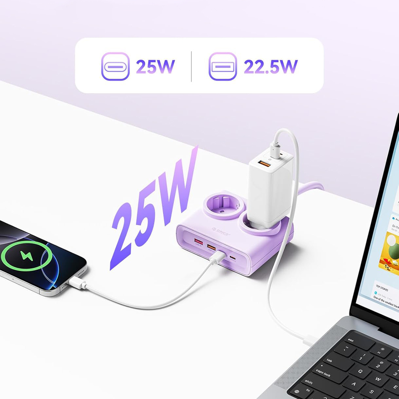 Fioletowa stacja ładująca z dwoma gniazdami i wieloma portami USB.