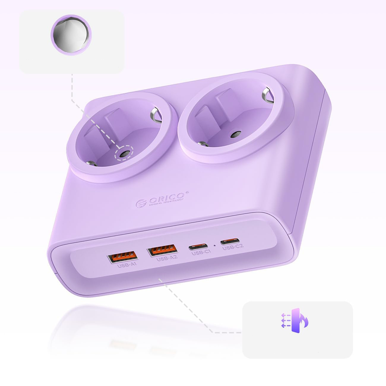 Lawendowa listwa zasilająca z dwoma gniazdami i czterema portami USB.