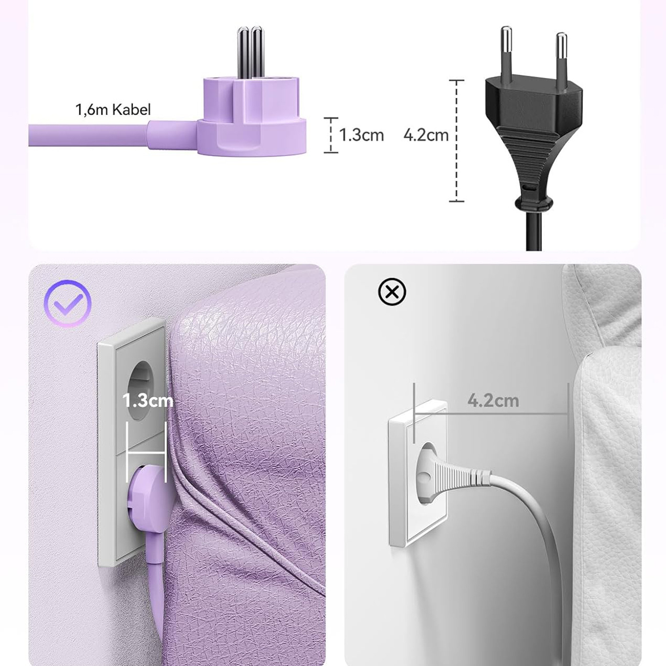Fioletowy kabel (1,6m) z wtyczką 1,3cm, obok czarna wtyczka (4,2cm).