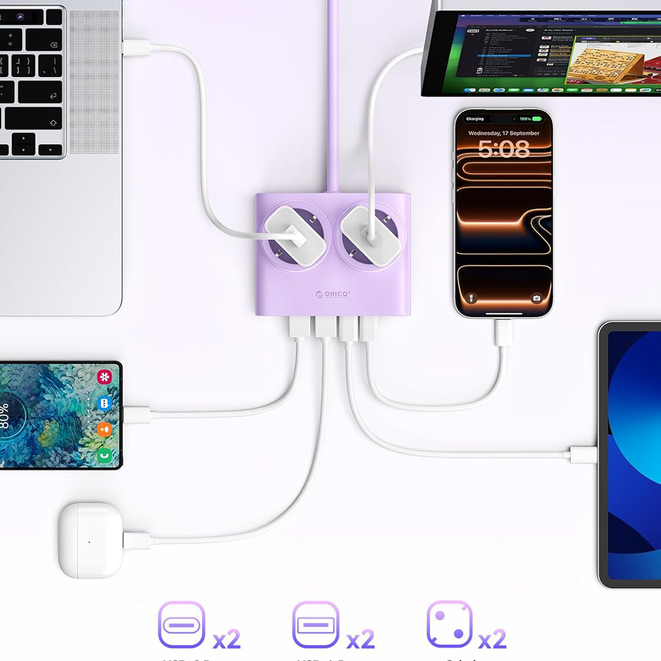 Fioletowa ładowarka łączy laptopa, telefon, AirPods i tablet.