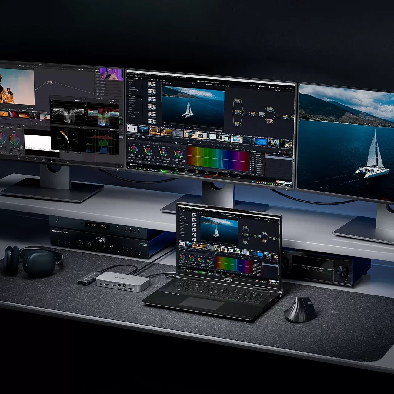 Una scrivania con tre monitor, laptop, docking station, cuffie e mouse.