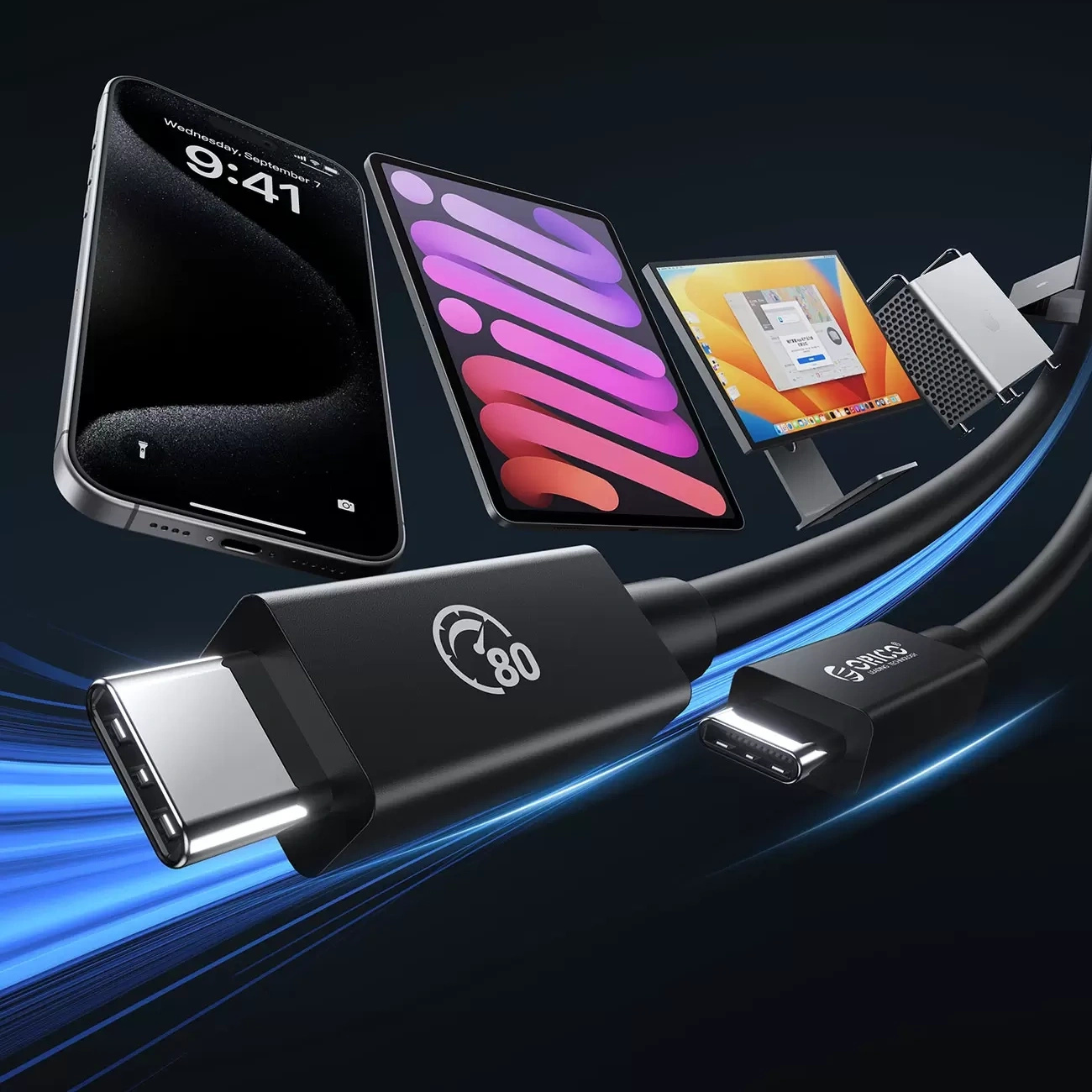 Uno smartphone, tablet, monitor e tower sono collegati via USB-C.