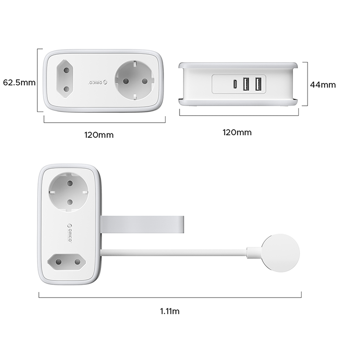Biała listwa zasilająca z dwoma gniazdami i trzema portami USB, z wymiarami.