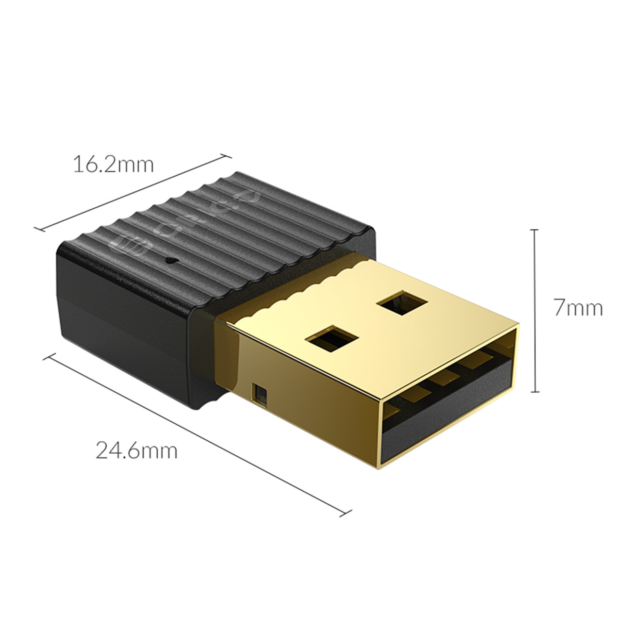 Czarny klucz USB ze złotymi złączami i wymiarami.