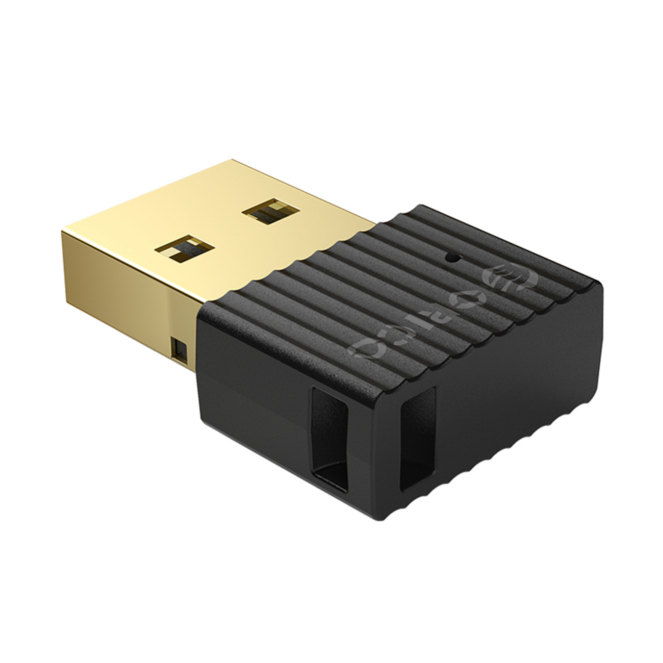 Kompaktowy czarny adapter USB ze złotym złączem i prążkowaną obudową.