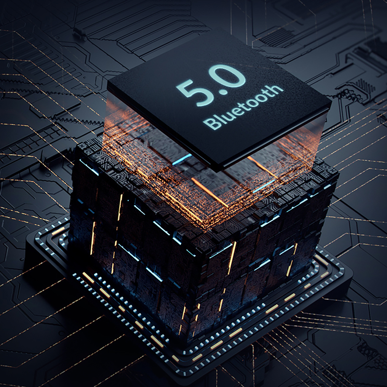 Chip Bluetooth 5.0 na złożonej płytce drukowanej z pomarańczowym i niebieskim podświetleniem.