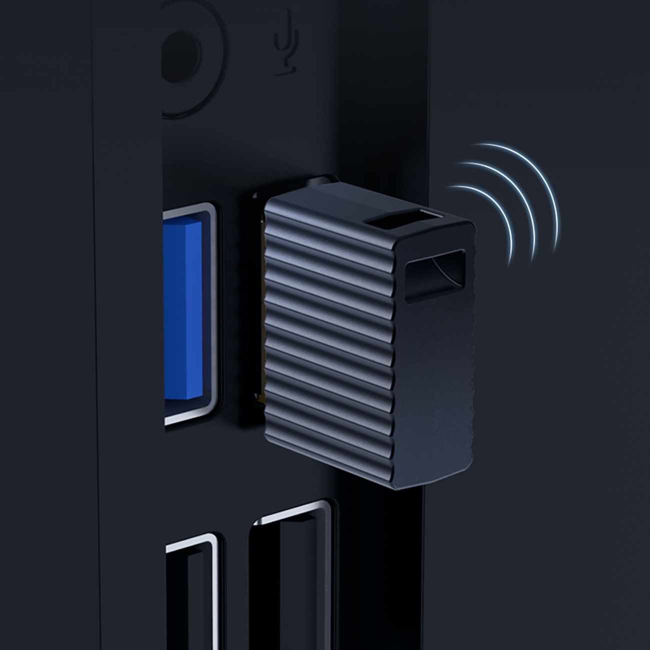 Czarny adapter USB podłączony do czarnego komputera. Linie faliste wskazują transmisję sygnału.