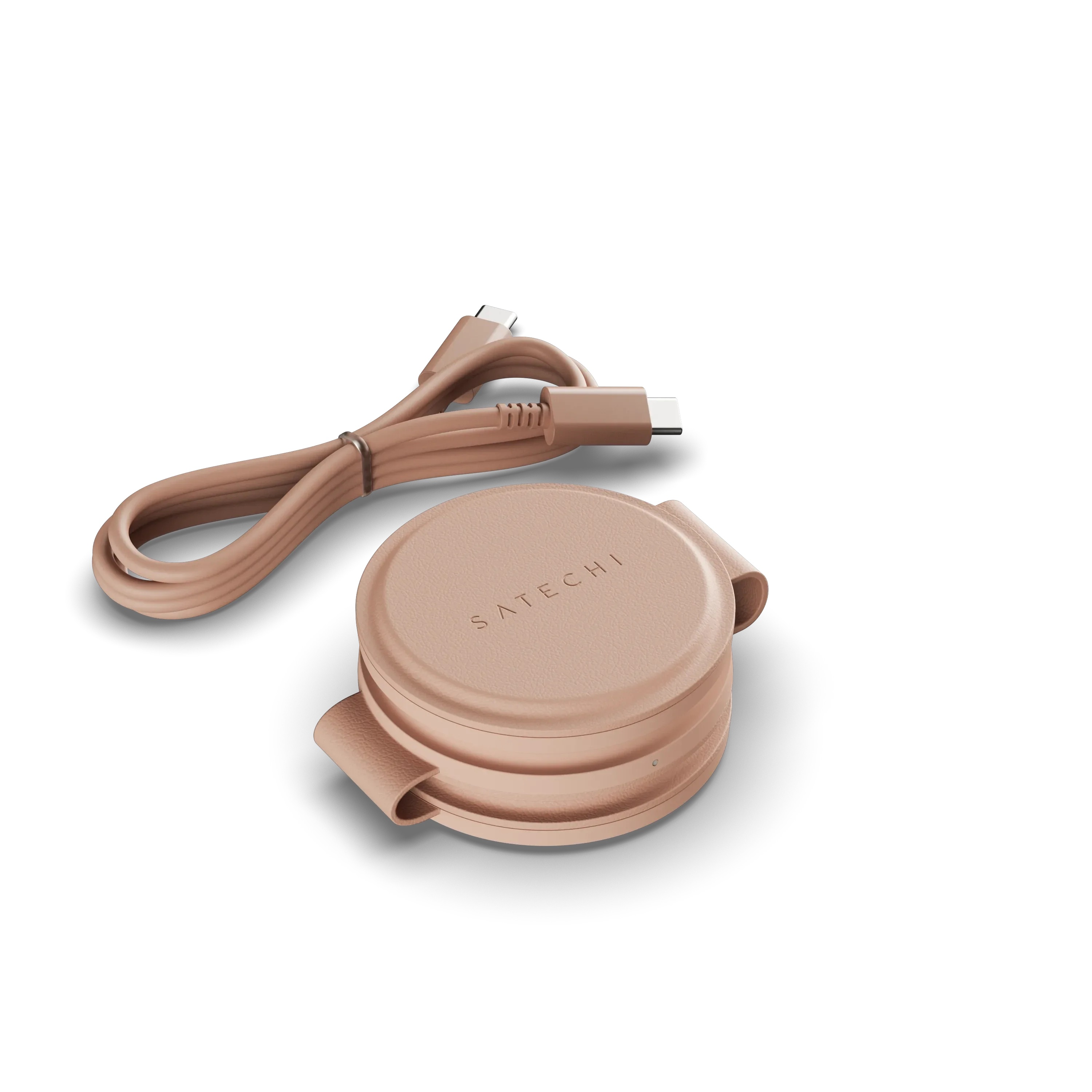 Różowo-złota ładowarka z kablem USB-C na białym tle.