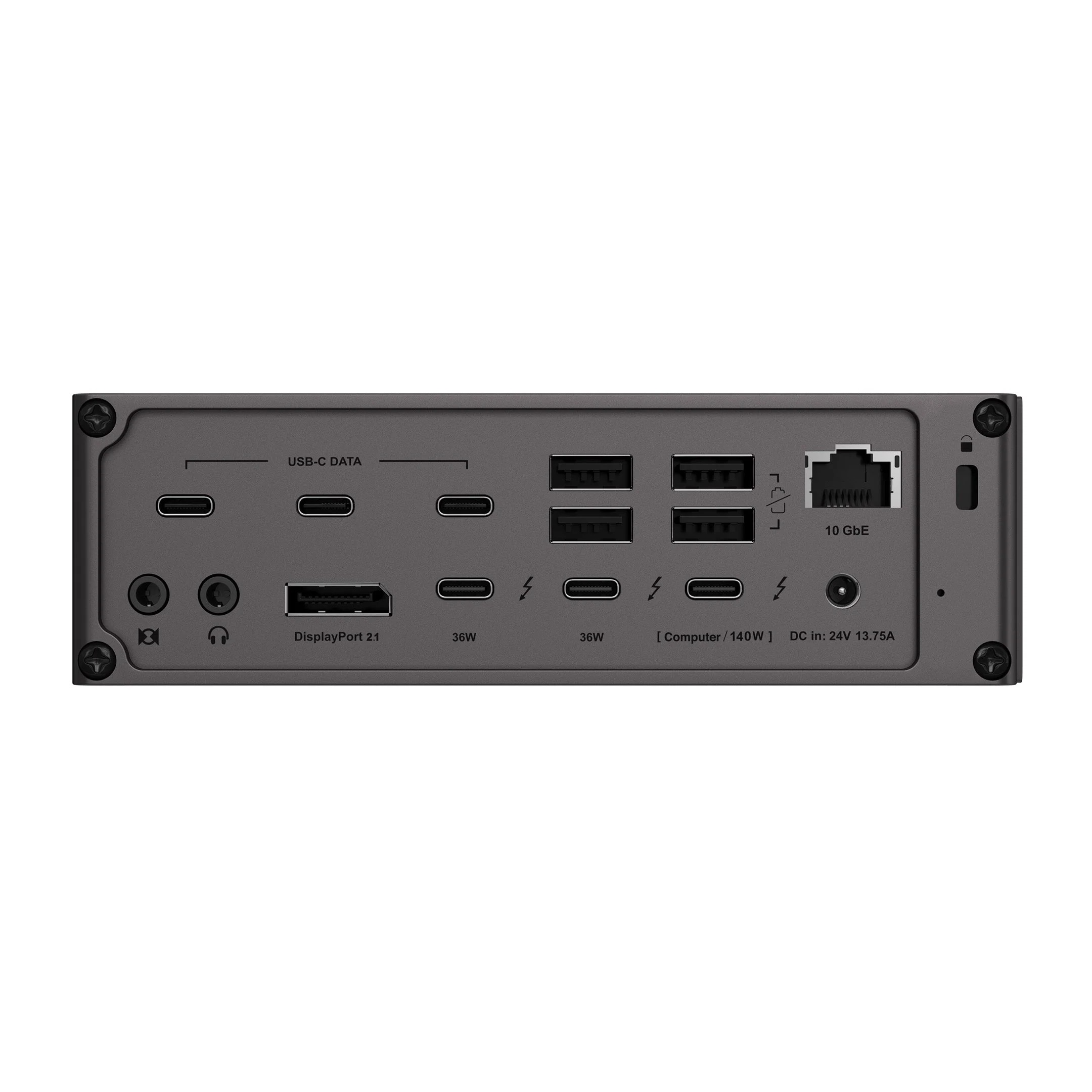 Szara stacja dokująca z portami USB-C, DisplayPort, USB-A, Ethernet i zasilania.