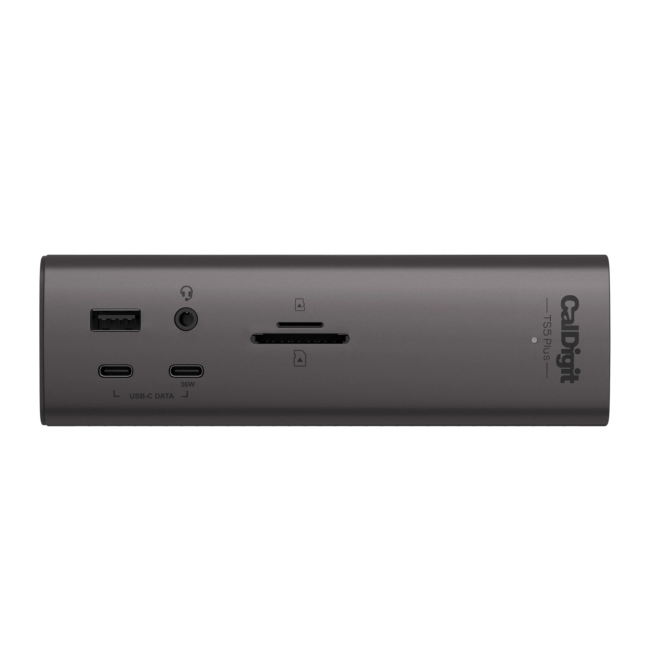 Szara stacja dokująca z portami: USB-A, słuchawki, gniazda kart SD, USB-C.