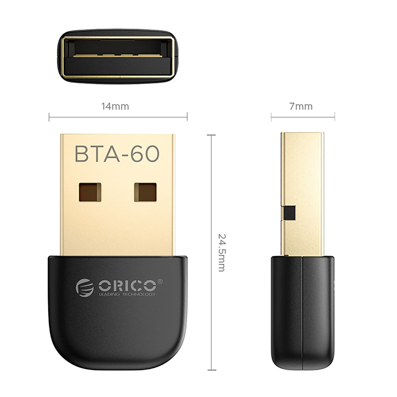 Czarny adapter Bluetooth USB ORICO BTA-60 ze złotym złączem i wymiarami.