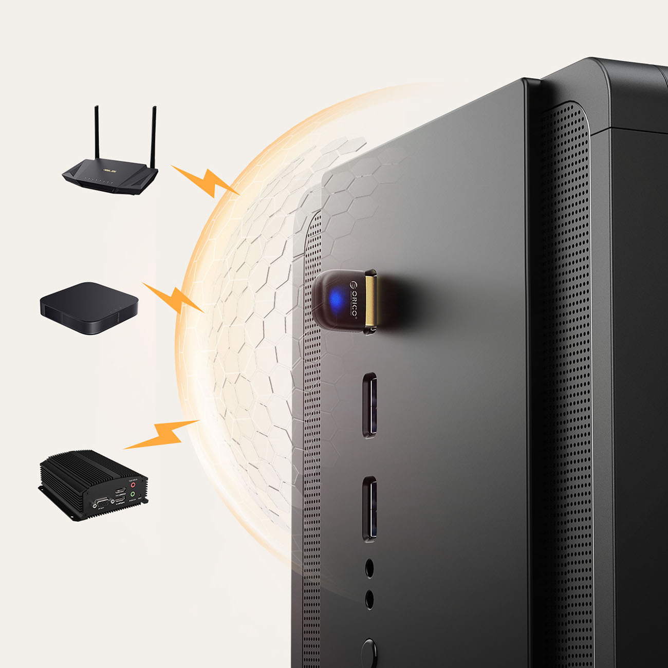Router Wi-Fi, pudełko i mini PC łączą się z komputerem.