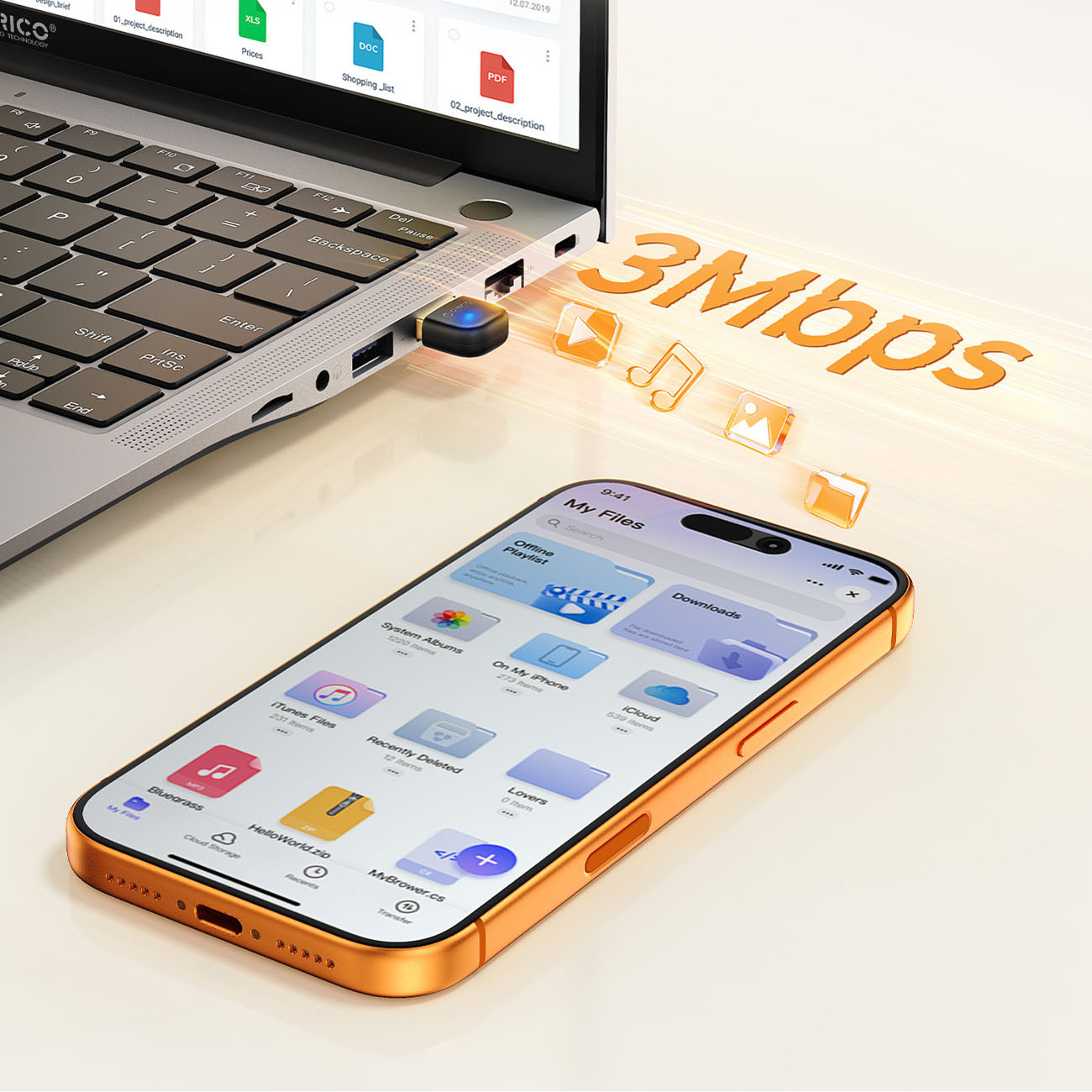Adapter USB podłączony do laptopa, obok smartfon. Pomarańczowy napis 3Mbps.