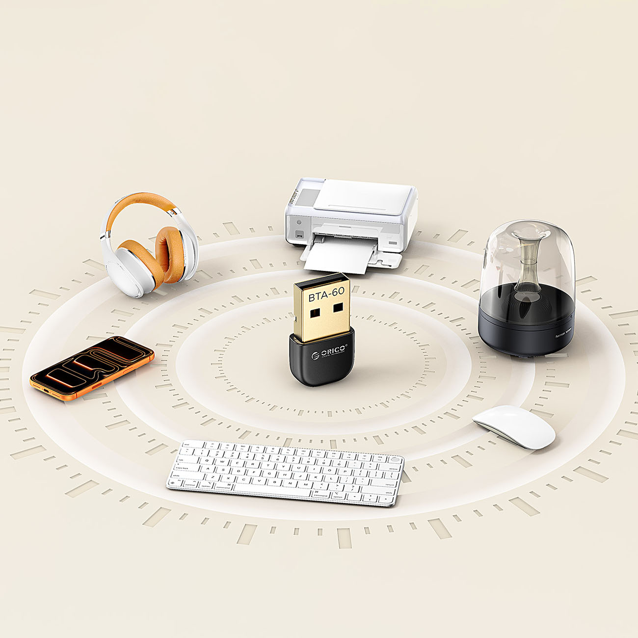 Urządzenia technologiczne ułożone w okręgu: słuchawki, telefon, drukarka, adapter USB, klawiatura, mysz, głośnik.