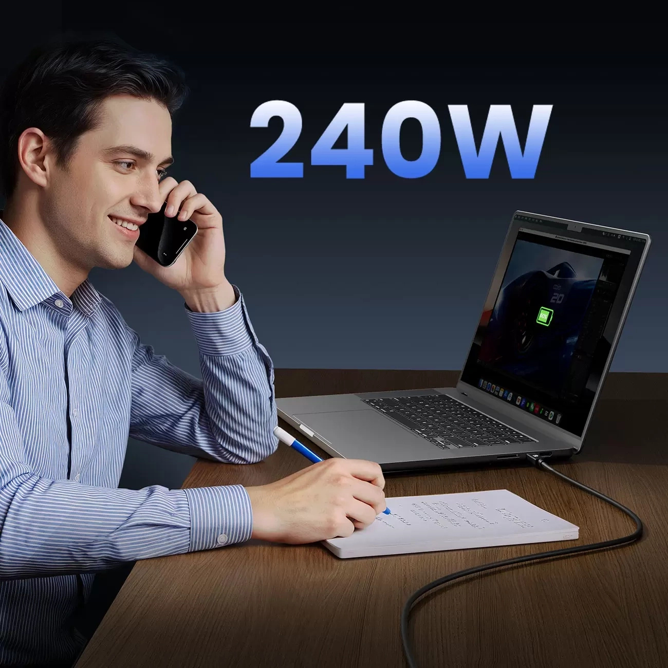 Uomo al telefono, scrive accanto a un laptop che mostra "240W".
