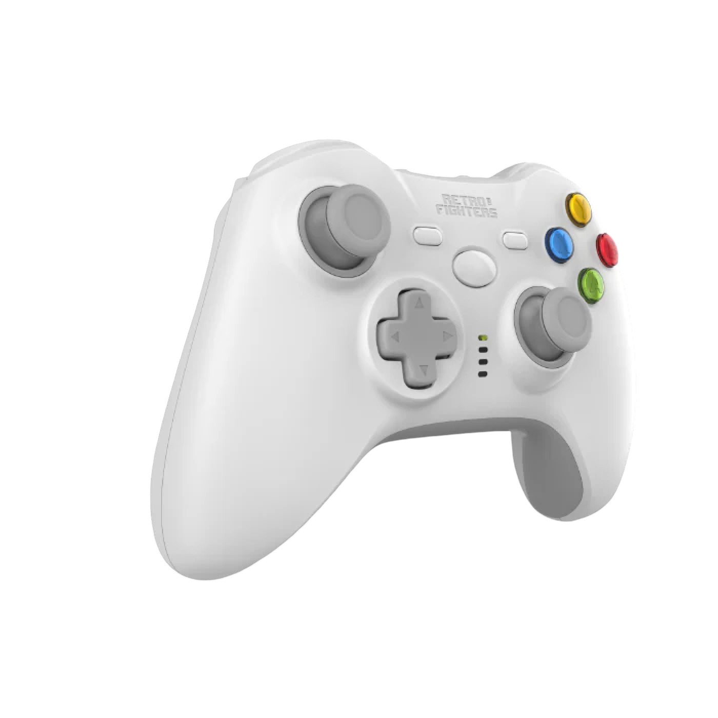 Biały kontroler do gier wideo z szarymi joystickami i szarym D-padem.