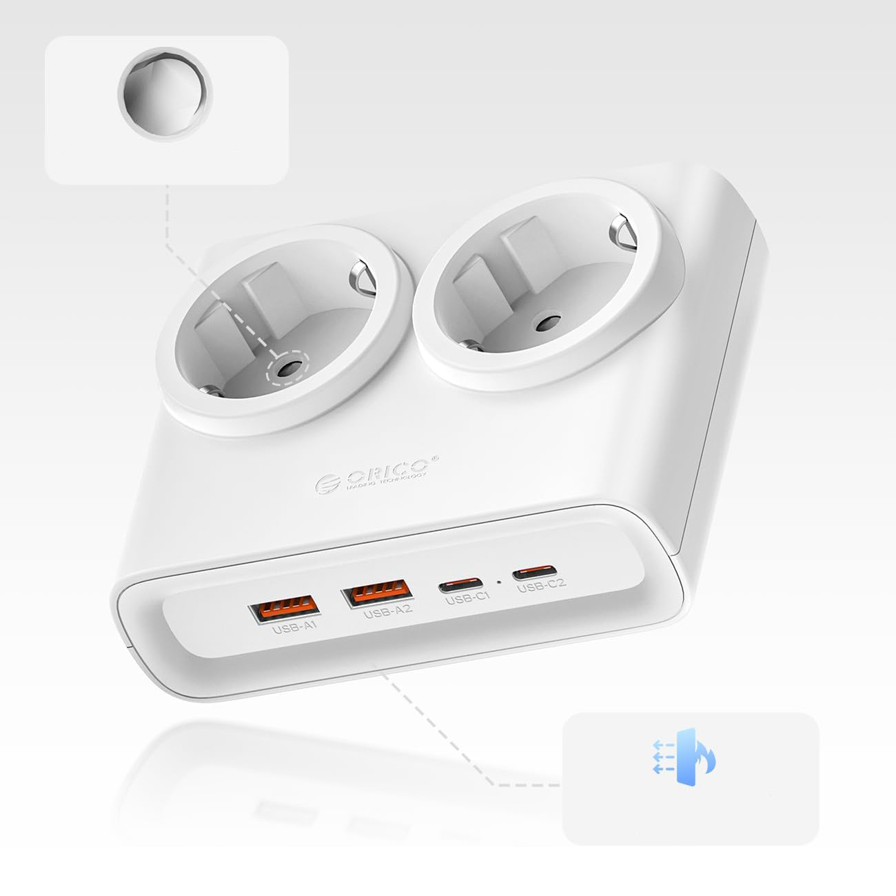 Biały adapter zasilający z dwoma gniazdami i wieloma portami USB, elegancki design.