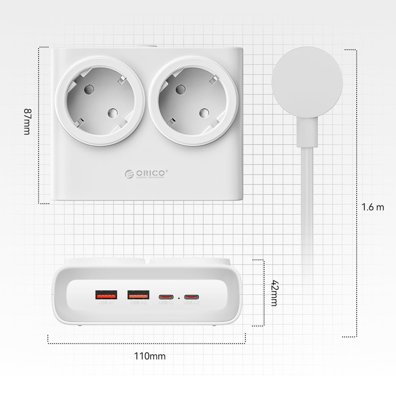 Biała listwa zasilająca z dwoma gniazdami i portami USB, pokazane wymiary.