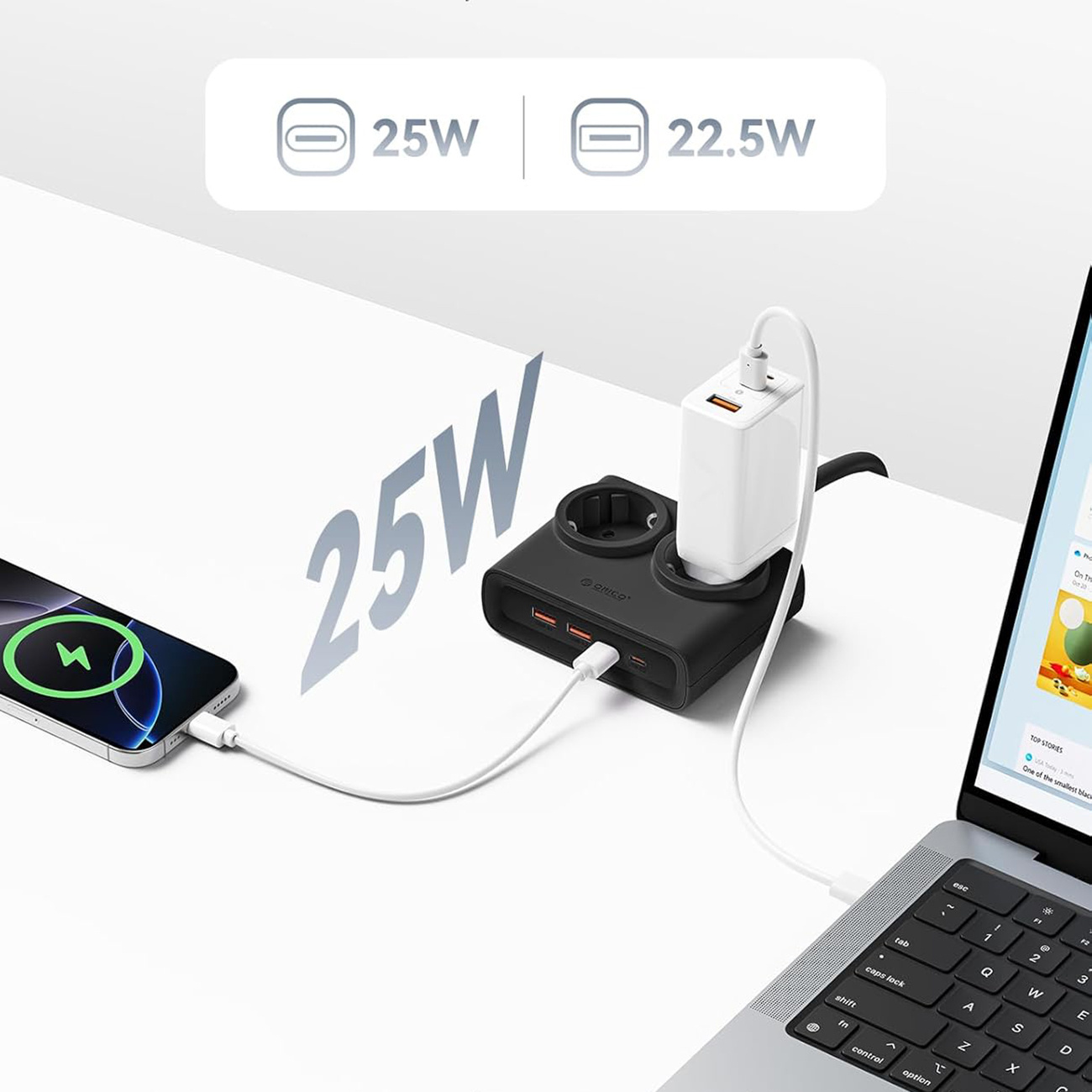 Czarna listwa zasilająca ładuje telefon i laptopa. Wyświetlono 25W i 22,5W.