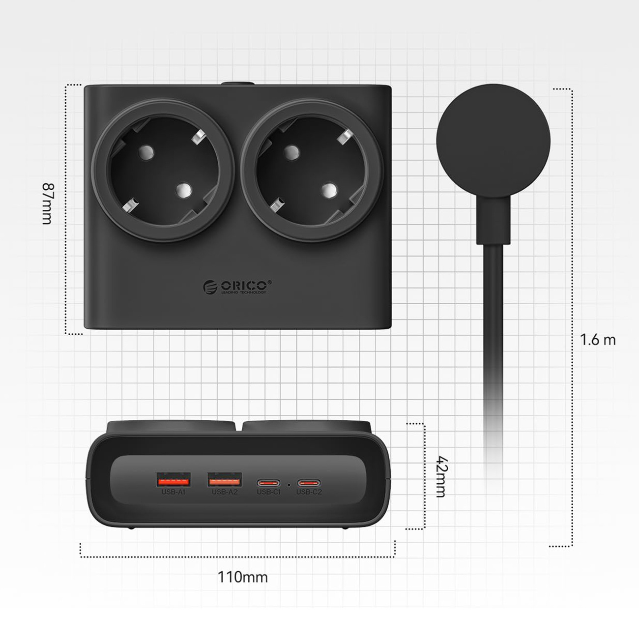 Czarna listwa zasilająca ORICO z dwoma gniazdami i wieloma portami USB. Wymiary pokazane.