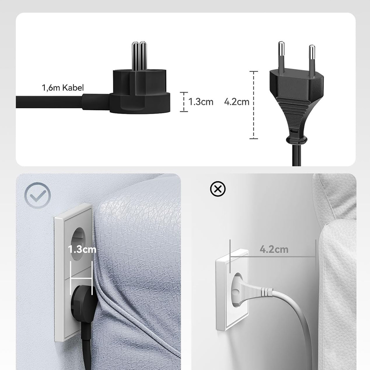 Czarna wtyczka, kabel 1,6m, wymiary 1,3cm i 4,2cm.