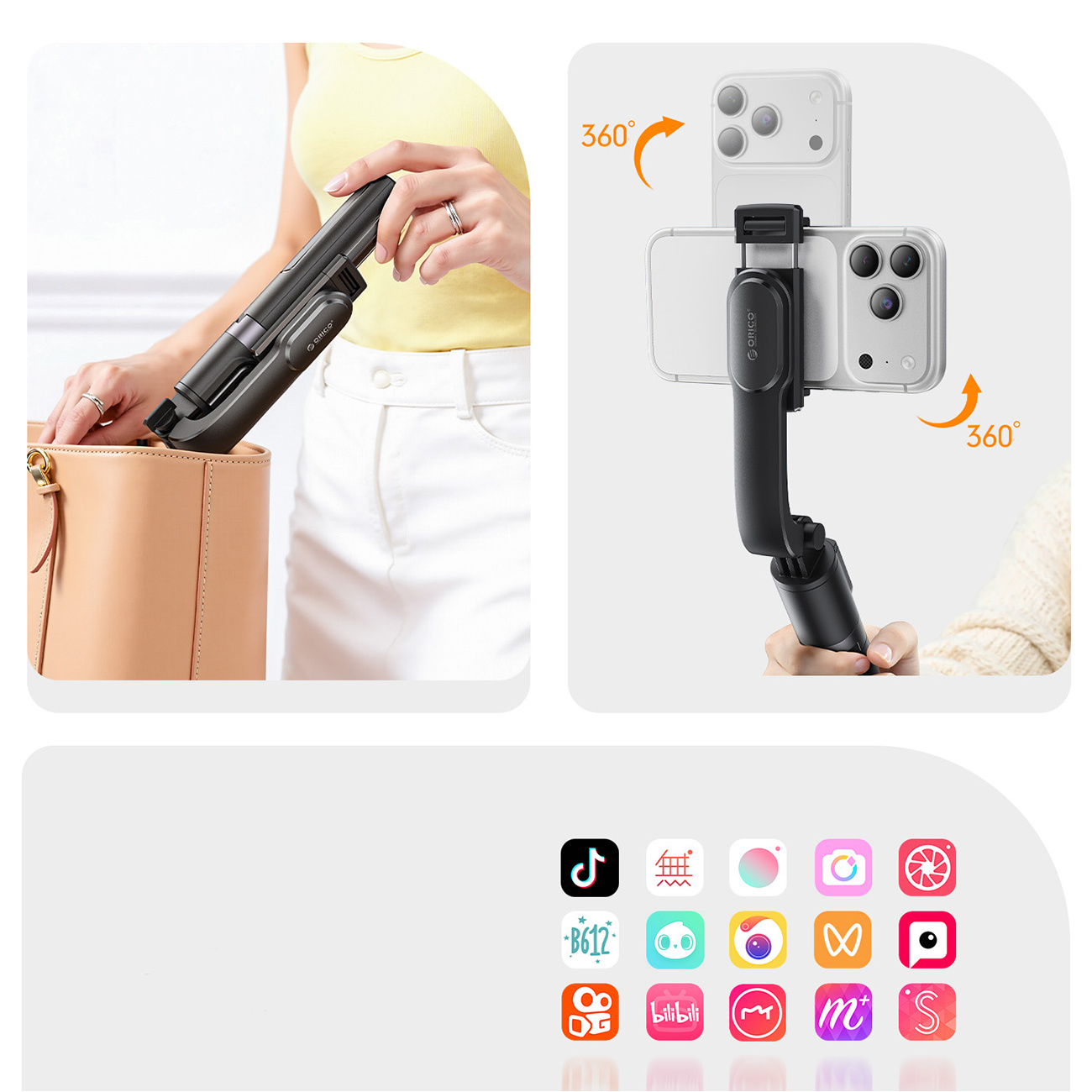 Osoba chowa kijek do selfie do torby; gimbal telefonu z telefonem; ikony aplikacji.