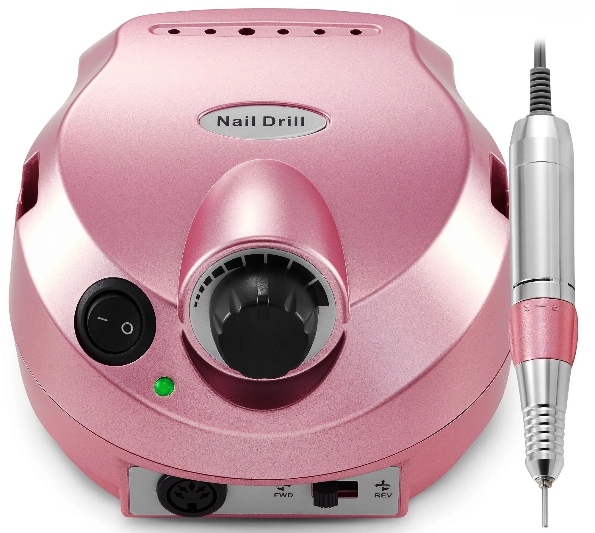 Macchina per unghie rosa con manipolo in metallo. Dispone di una manopola di controllo velocità.