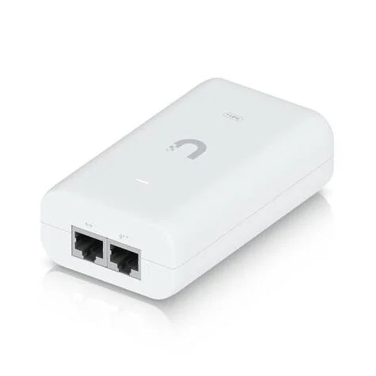 Biały iniektor PoE z dwoma portami Ethernet i logo.