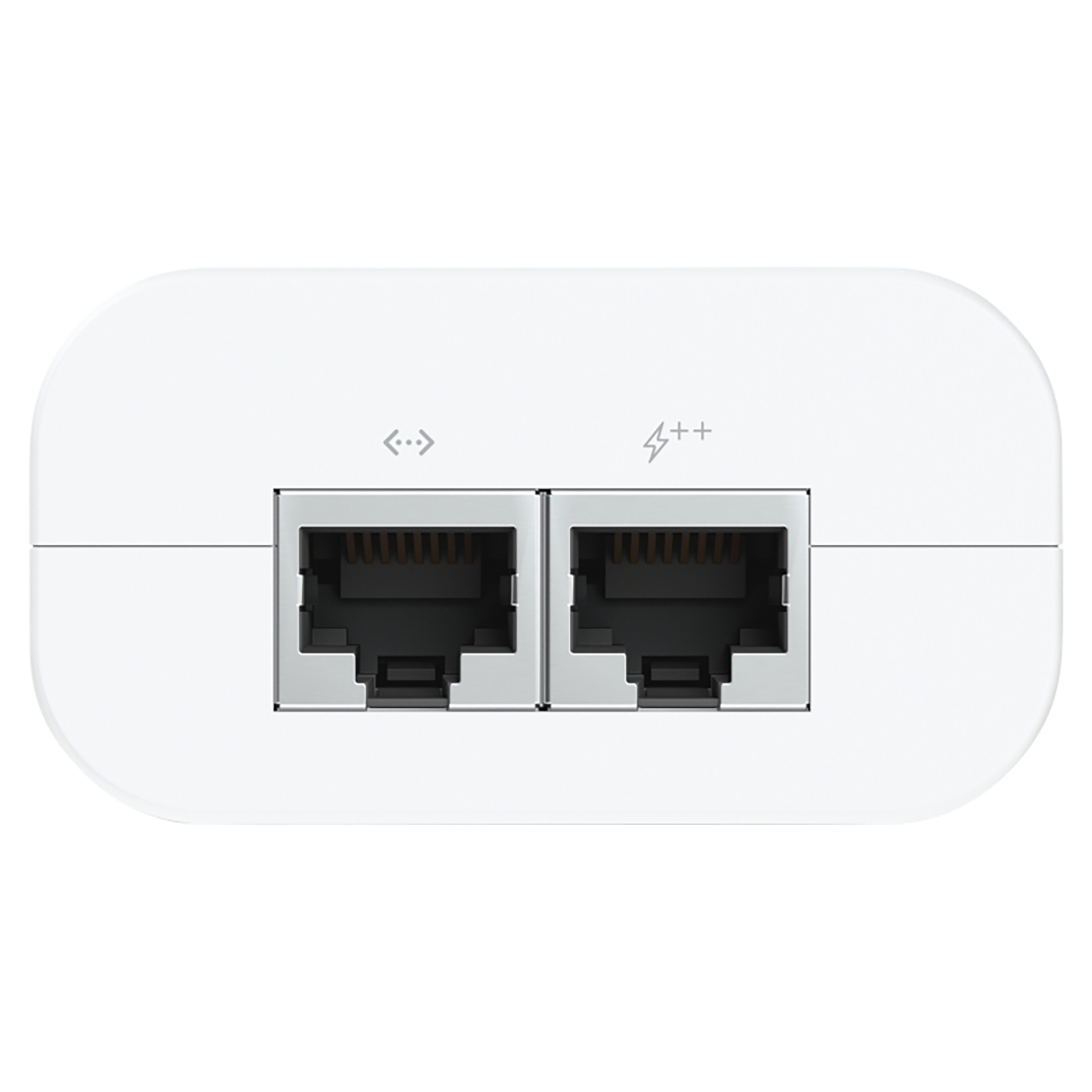 Białe urządzenie z dwoma portami Ethernet i symbolami.